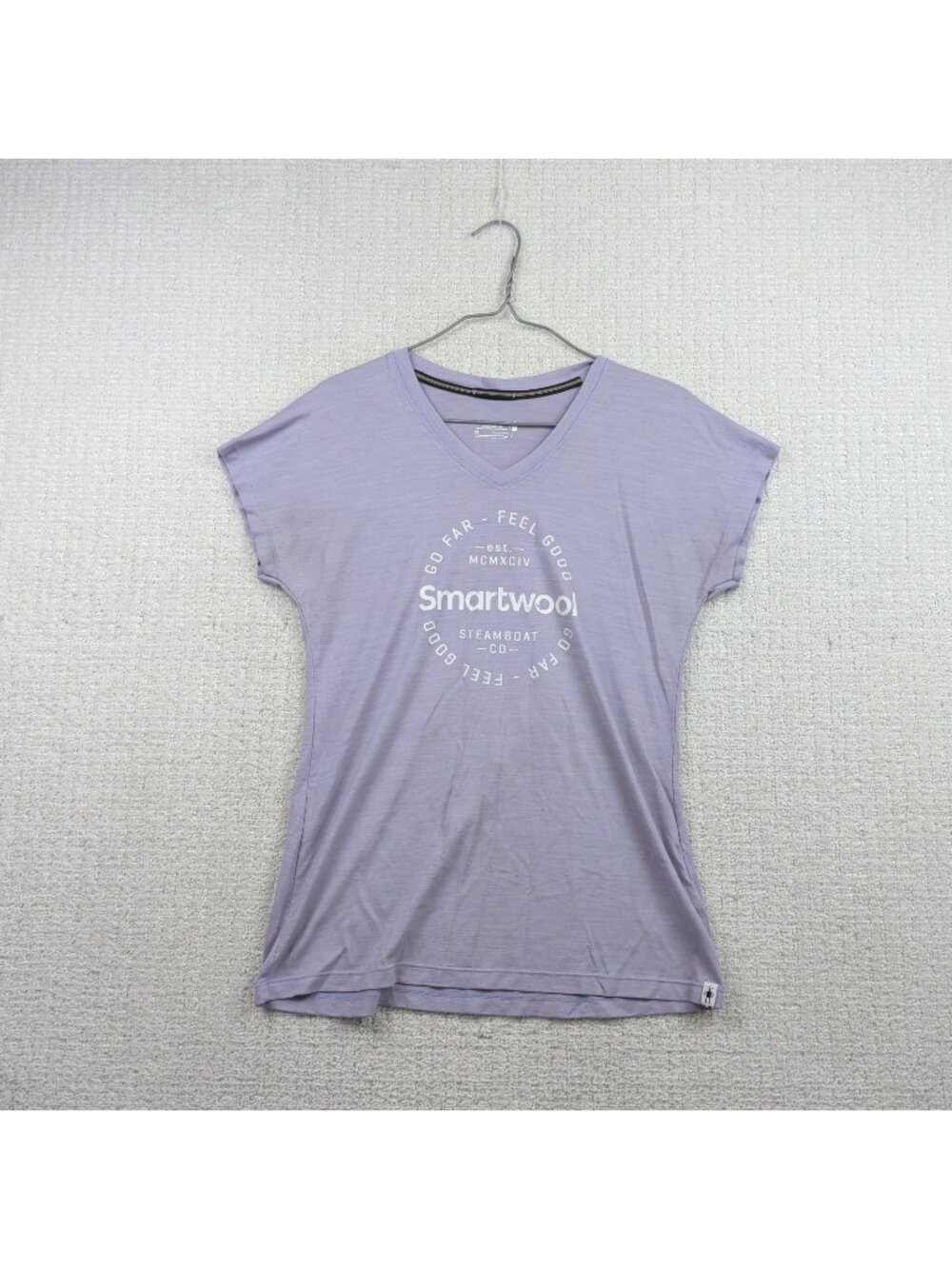 Smartwool Womens Merino Sport 150 V-Neck T-Shirt Size M Purple Graphic Tee Read